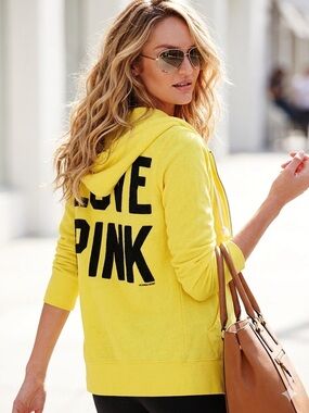 Victorias Secret PINK Yellow Full Zip Hoodie Sweatshirt LOVE PINK Large L